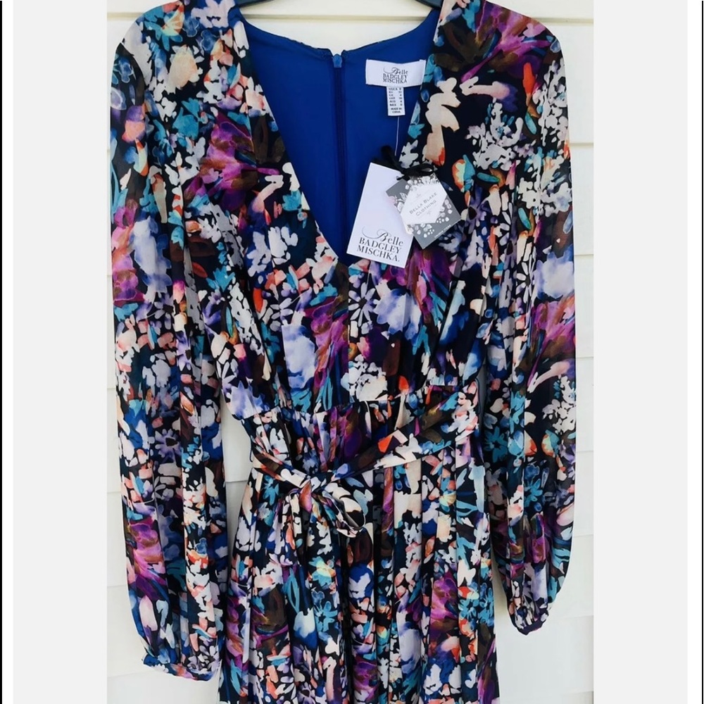 Elegant, Belle Badgley Mischka Dress 0 Ladies Purple Multi, lined, tie belt